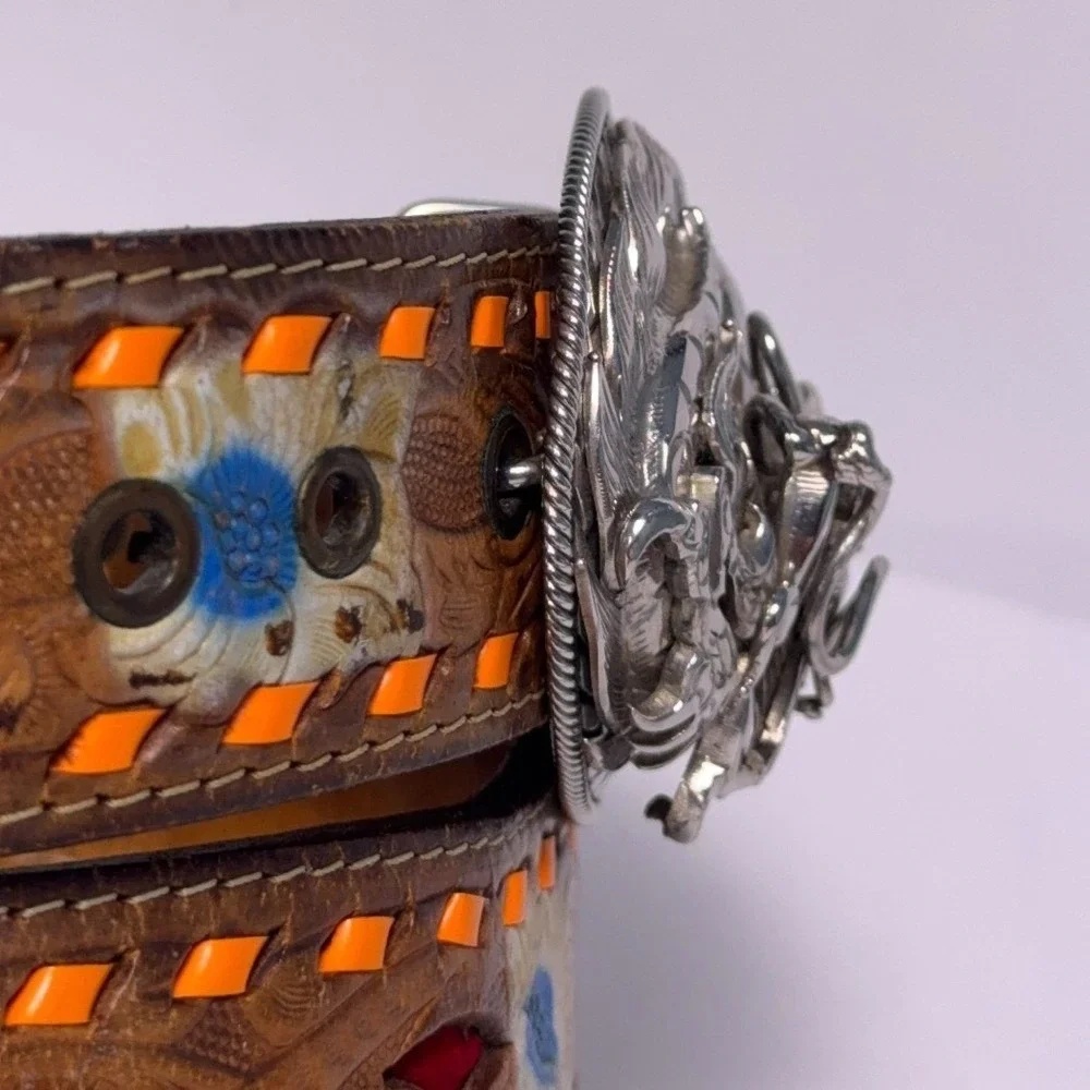 Heavy Leather Western Belt Mens‎ 44 Thai Dragon Stainless Steel Buckle